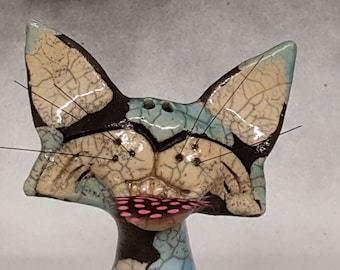 Cerámica Raku de gato travieso calicó azul de 25 a 26 cm de alto. Envío gratuito.