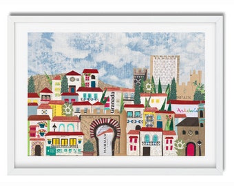 Granada Print, Spain Art, Spanish Cityscape, Granada Wall Art, La Alhambra Print, Granada Travel Poster, Alhambra Granada Spain Canvas Art