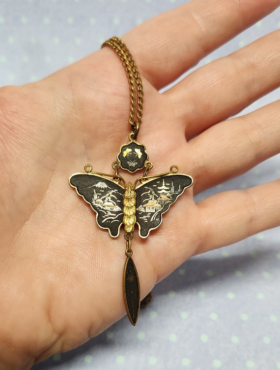 Vintage Brass Butterfly Damascene Necklace, Brass… - image 1