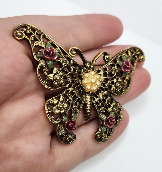 Vintage Large Butterfly Rose and Faux Pearl pin b… - image 3