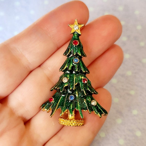 Vintage Signed Eisenberg ICE Green Enamel Christmas Tree Holiday Brooch, G4