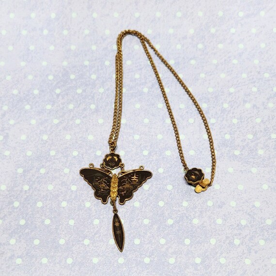 Vintage Brass Butterfly Damascene Necklace, Brass… - image 3