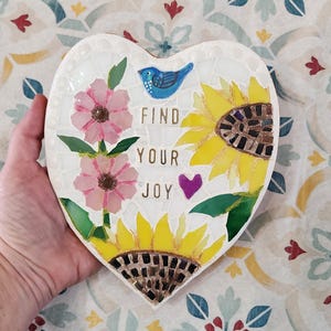 Find Your Joy Heart Mosaic, wall art plaque, handmade home decor, glass on wood unique artwork, heart art, flower art work, bird mosaic