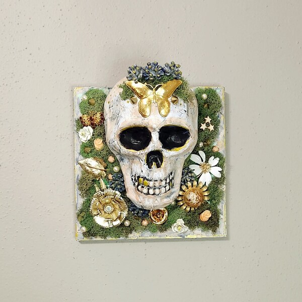 Bohemian Death wall art plaque, assemblage art sculpture, vintage jewelry wall hanging, skull artwork