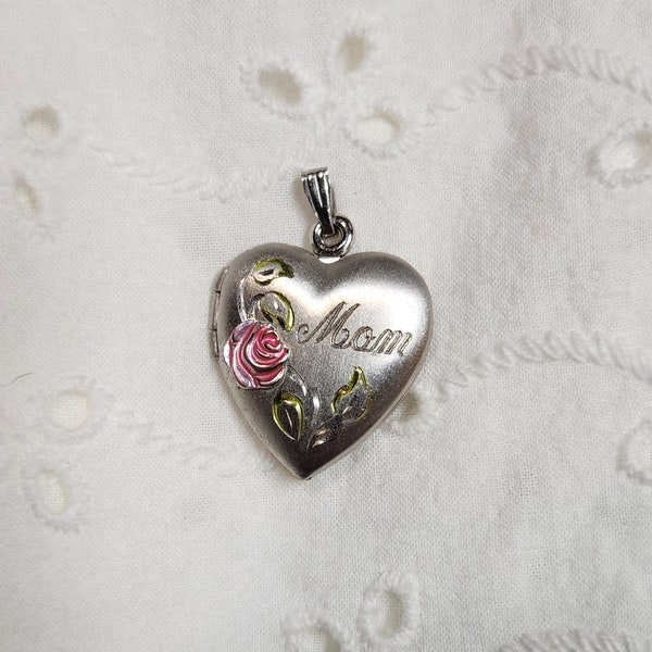 Vintage Signed 925 R Sterling Silver Mom Heart locket, Heart Pendant, enamel rose