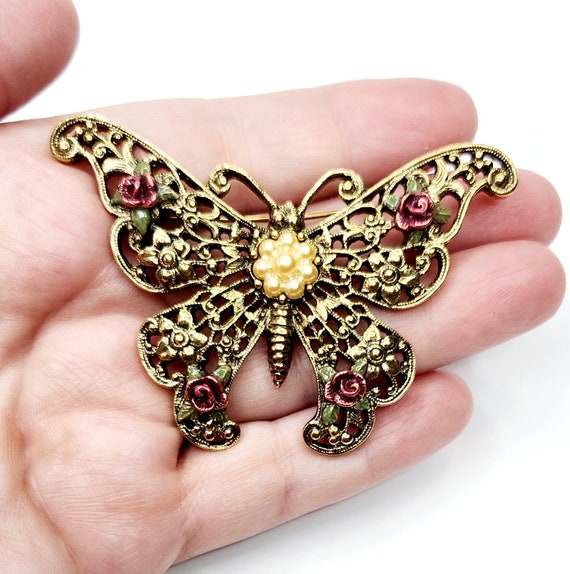 Vintage Large Butterfly Rose and Faux Pearl pin b… - image 1
