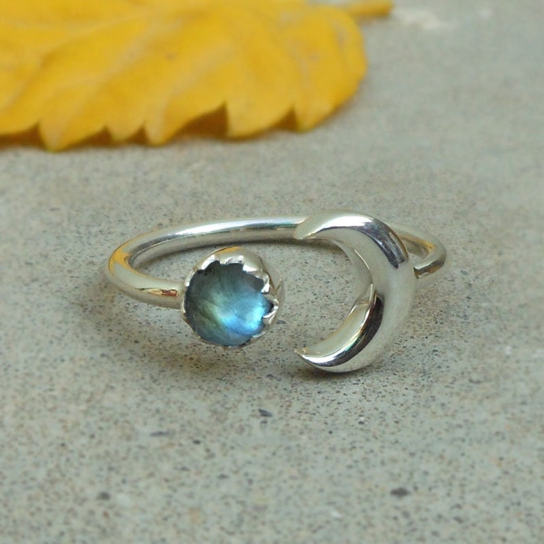 Natural Blue Labradorite Half Moon Crescent Ring Silver Moon Ring Crescent Ring Moon Ring 
