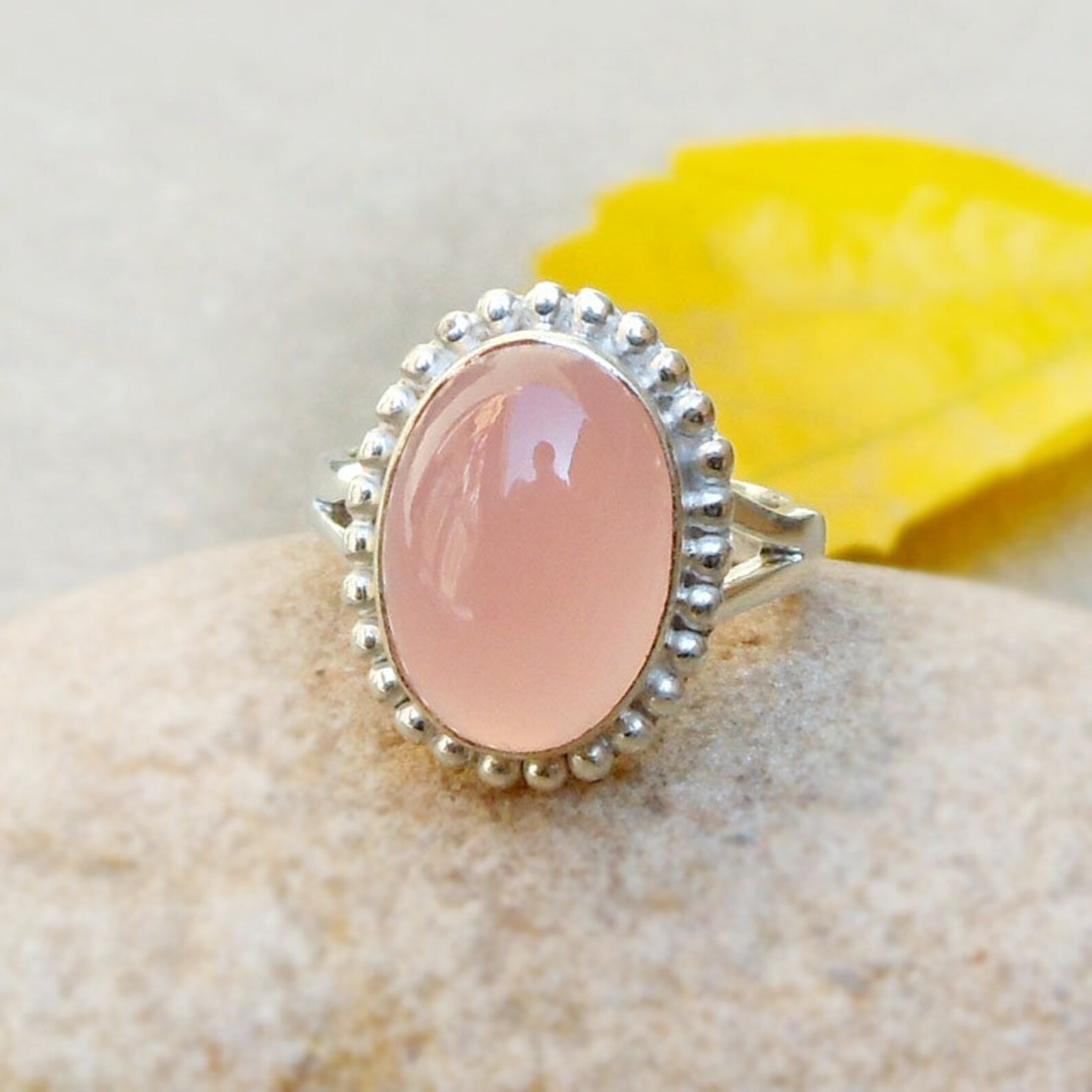 Rose Quartz Ring Cabochon Ring Sterling Silver Ring Pink Etsy