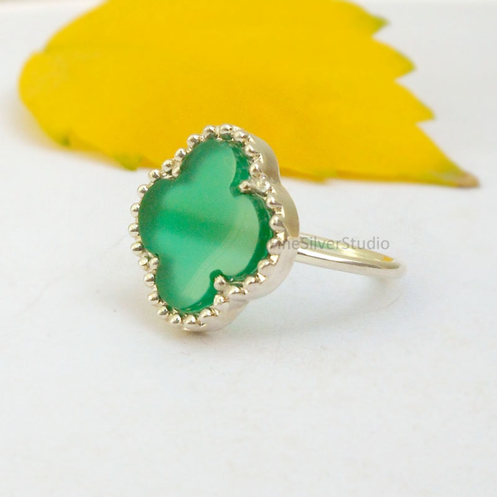 Natural Green Onyx Clover Ring Sterling Silver Green Onyx Etsy