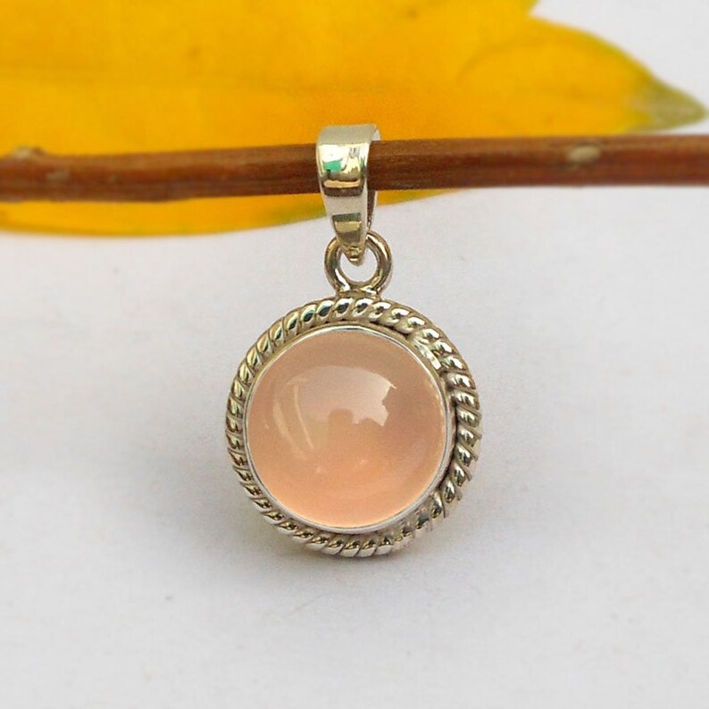 Rose Quartz Silver Pendant Silver Twisted Gemstone Pendants Healing Crystal Round Stone Love Pendant Cabochon Gemstone Pendant Tiny pendant