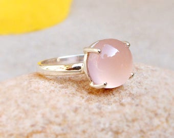 Rose Quartz Prong Ring Pink Gemstone Ring Round Cab 925 Silver Ring Christmas Gifts Pink Ring Quartz Stacking Ring Size 4 5 6 7 8 9 10 11