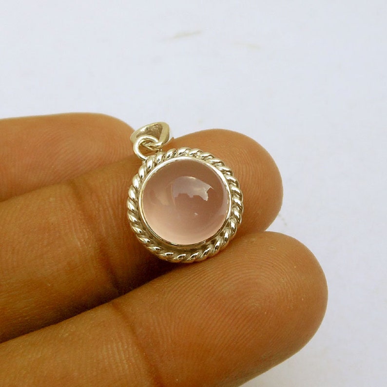 Rose Quartz Silver Pendant Silver Twisted Gemstone Pendants Healing Crystal Round Stone Love Pendant Cabochon Gemstone Pendant Tiny pendant