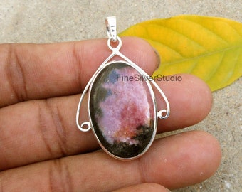 Large Rhodonite Sterling Silver Necklace Pink Rhodonite Pendant 925 Silver Pendant Natural Crystal Necklace Oval Rhodonite Pendant Gift idea