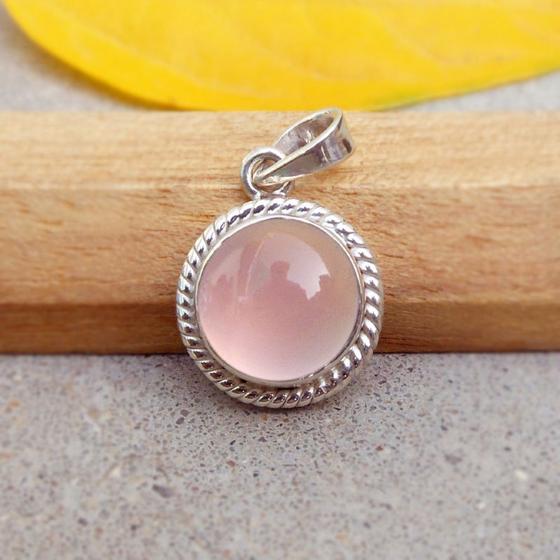 Rose Quartz Silver Pendant Silver Twisted Gemstone Pendants Healing Crystal Round Stone Love Pendant Cabochon Gemstone Pendant Tiny pendant