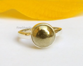 Bague en pyrite en argent sterling 925, bague ronde en pyrite, bague dorée en pyrite, bagues minimalistes, bague en pyrite cabochon, pierre gemme, bijoux en pyrite