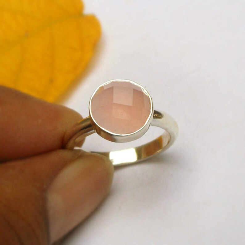 Rose Quartz Sterling Silver Gemstone Ring Pink Ring Round 