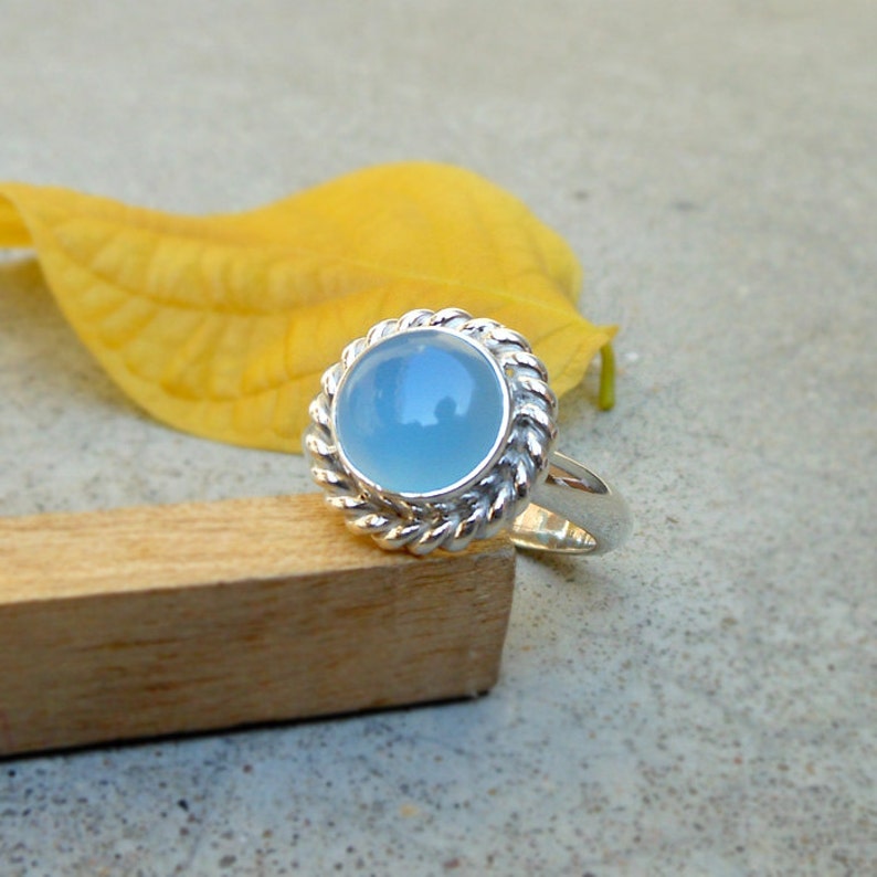 Blue Chalcedony Ring Sterling Silver Rope Edged Ring Blue Etsy