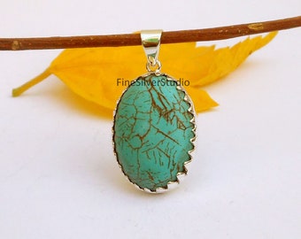 Collier pendentif en turquoise naturelle, pendentif en argent massif 925, bijoux artisanaux en pierres précieuses, bijoux turquoise, pendentif bohème, cadeau pour elle