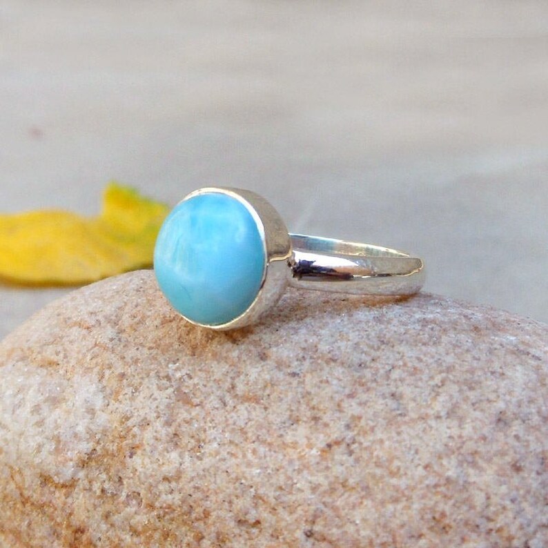 Natural Larimar Ring Dominican Republic Gemstone Sky Blue larimar Bezel Ring Boho Rings Minimalist Rings Sterling Silver Larimar Ring