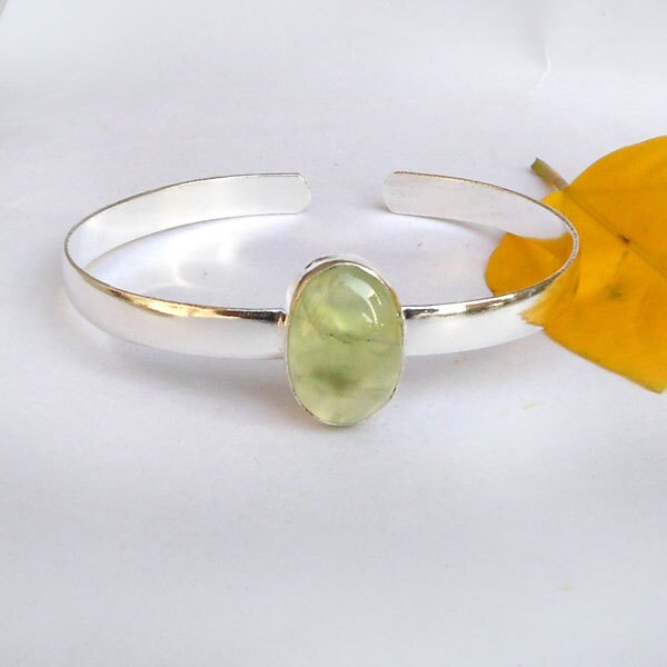Green Prehnite bracelet - Sterling silver Prehnite Banglem Prehnite Cab Adjustable Bangle, Gemstone bangle - Stacking Cuff - Women's bangle