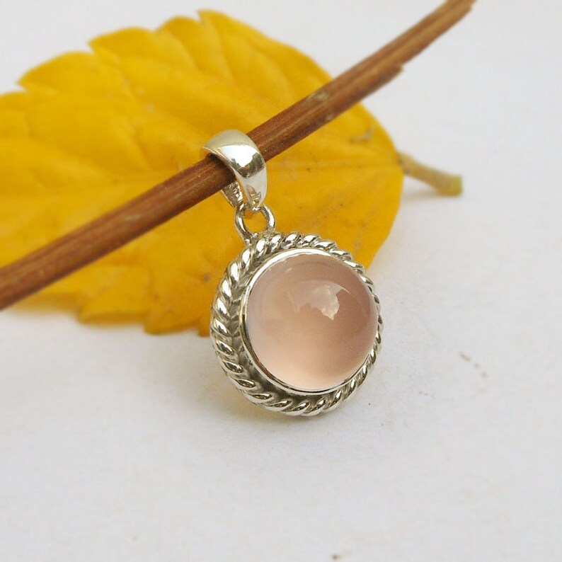 Rose Quartz Silver Pendant Silver Twisted Gemstone Pendants Healing Crystal Round Stone Love Pendant Cabochon Gemstone Pendant Tiny pendant