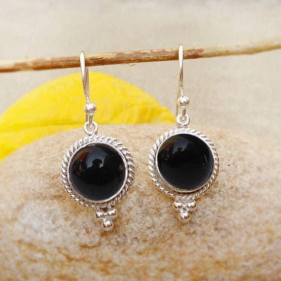 Holiday Gift Square Cut Black Onyx Gemstone Silver Woman Dangle Hook Earrings