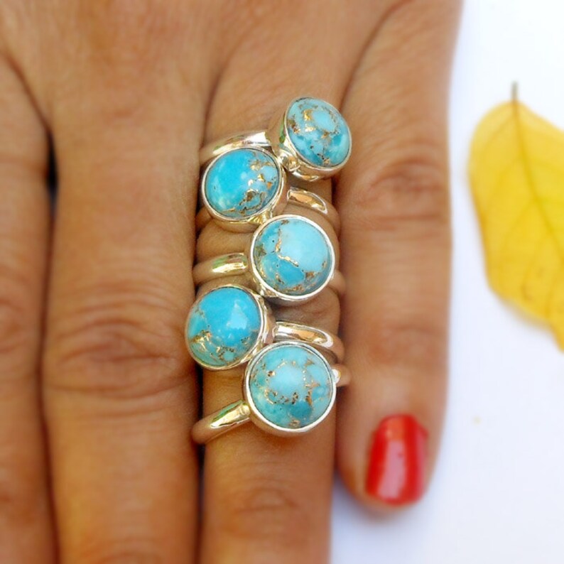 Blue Copper Turquoise Ring Round Bezel Set Ring 
