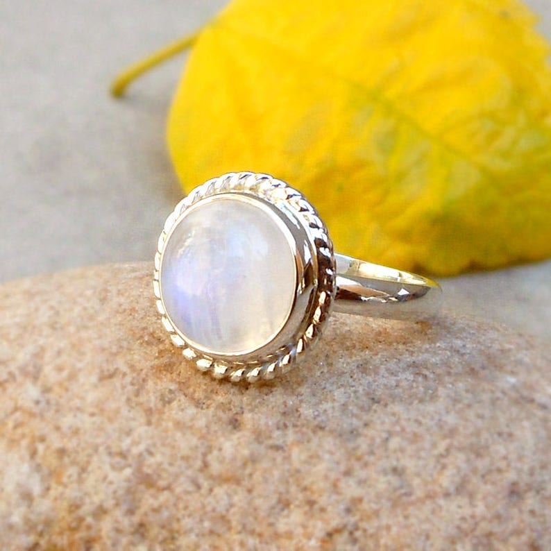 Rainbow Moonstone Ring Silver Twist Ring Round Cabochon Rainbow Gemstone Ring 