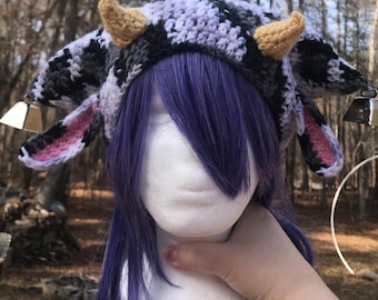 Cow ears with horns fursuit cowgirl furry Crochet jester hat with working bells - clowncore alternative scene emo kawaii jfashion beanies