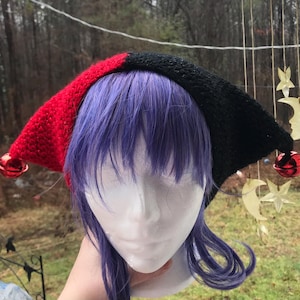 May include: A red and black crocheted jester hat with bells on the ends of the points. The hat is on a purple wig.