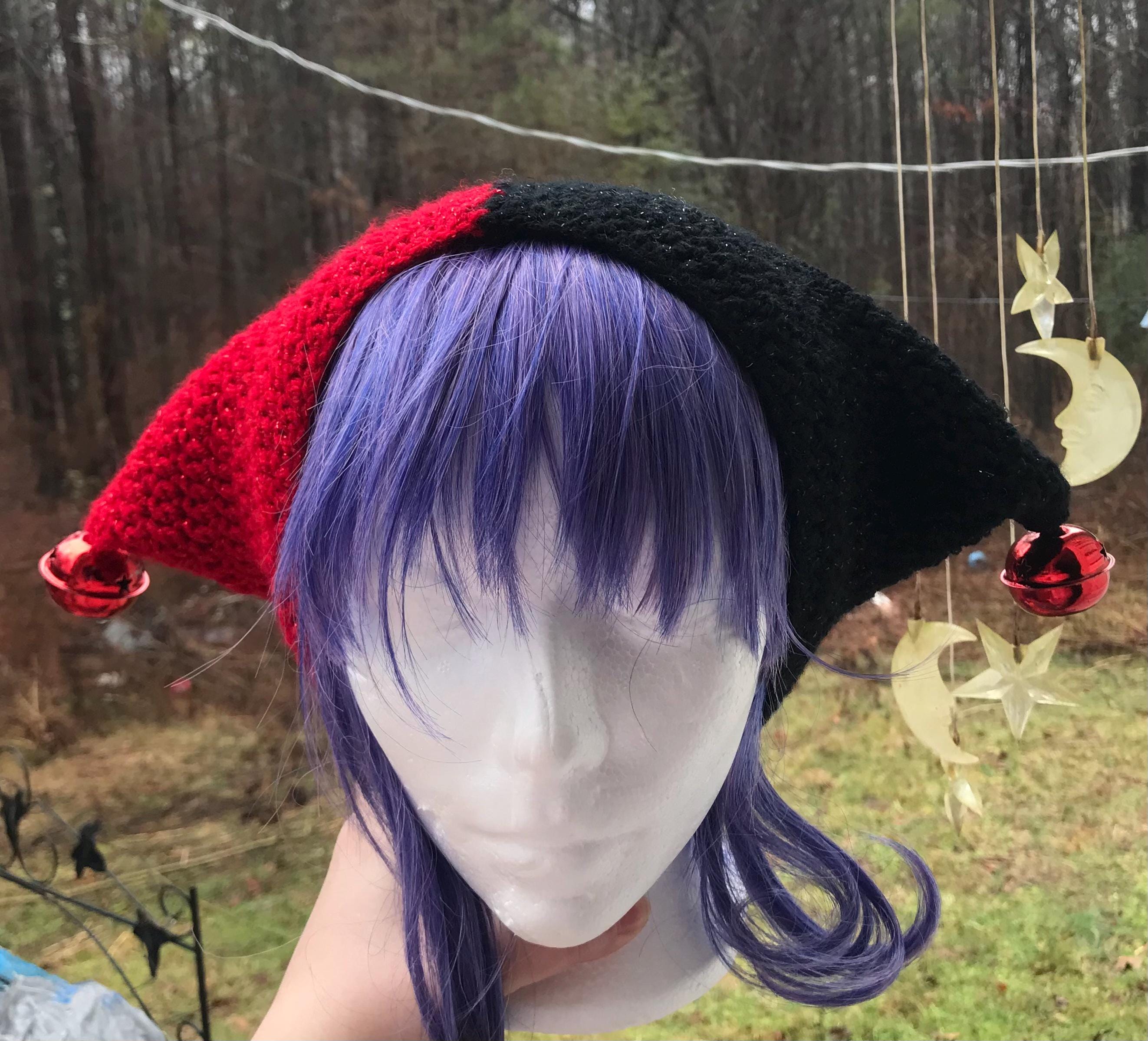 Crochet split color jester hat with working bells - clowncore alternative scene emo kawaii jfashion beanies