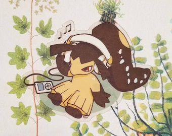 Puede incluir: Una pegatina transparente con un personaje de dibujos animados con auriculares y un reproductor de música. El personaje es amarillo y marrón con ojos rojos, y lleva auriculares blancos. La pegatina está sobre un fondo de hojas y tallos verdes.