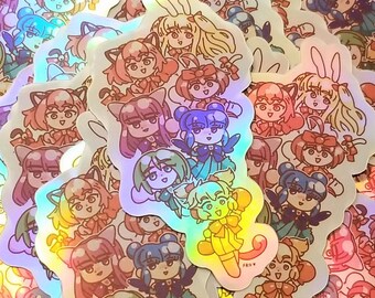 Puede incluir: Una colección de pegatinas holográficas iridiscentes con varios personajes de dibujos animados. Las pegatinas son de varios colores, incluyendo rosa, azul, verde, amarillo y morado. Los personajes llevan todos atuendos y accesorios lindos. Algunos de los personajes tienen orejas de conejo, mientras que otros tienen orejas de gato. Las pegatinas son perfectas para agregar un toque de fantasía a tu computadora portátil, teléfono o botella de agua.