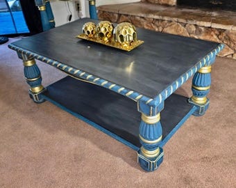 Hand-Painted Vintage Victorian Coffee Table: Rustic Blue & Gold Centerpiece