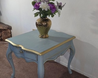 Hand-Painted French Victorian Coffee Table: Rustic Blue and Gold