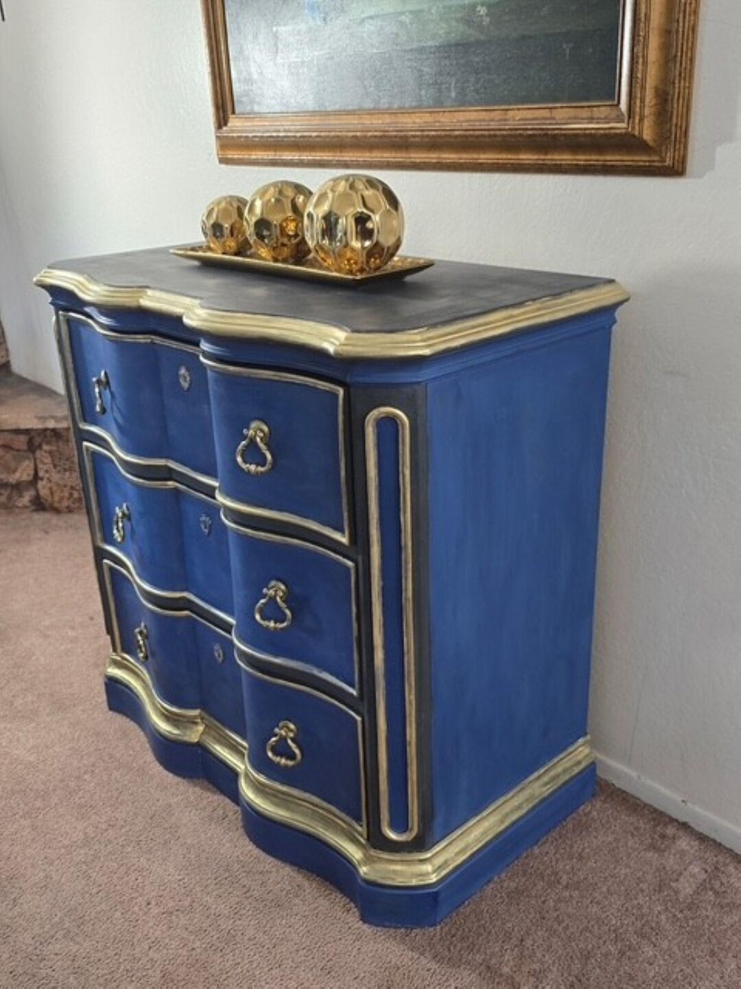 Hand-painted Victorian Dresser: Rustic Blue & Gold Accent Desk - Etsy Hand-painted Victorian Dresser: Rustic Blue & Gold Accent Desk - Etsy