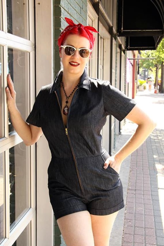 Lady Mechanic Shorts Jumpsuit Made in USA Denim Leopard Black Red Coverall  Boiler Suit Rockabilly Retro Pinup Pin Up 