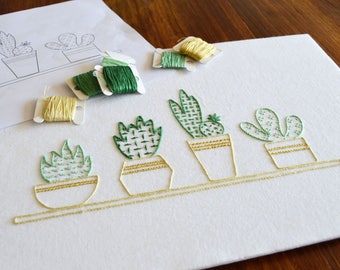 Succulents on a Sill embroidery pattern, a unique design of house plant silhouettes filled with interesting stitches