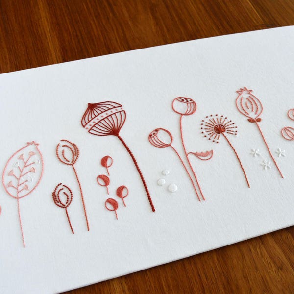 Wild Pods, an embroidery pattern of seed casings, husks and burrs found in nature