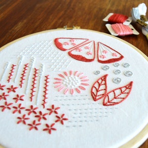 Mock Redwork hand embroidery pattern, a modern design filled with interesting stitches image 1