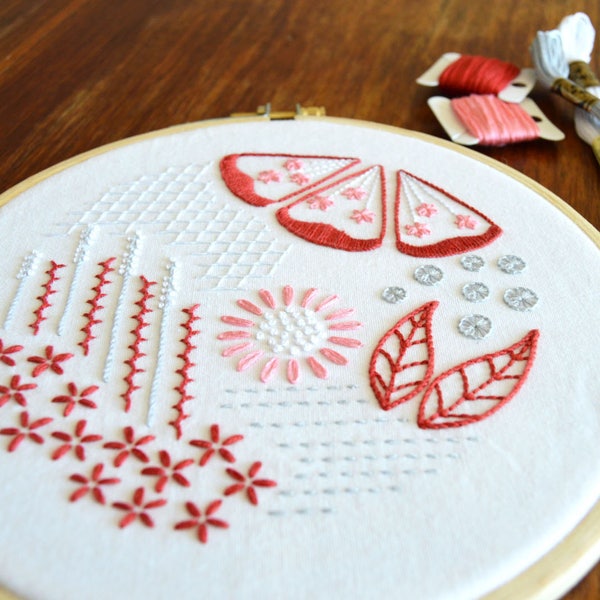 Mock Redwork hand embroidery pattern, a modern design filled with interesting stitches