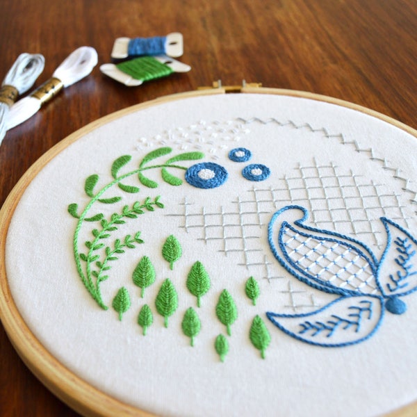 Mock Deerfield hand embroidery pattern, a modern design filled with interesting stitches