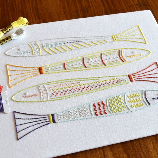 Skinny Fish, a modern hand embroidery pattern full of interesting stitches
