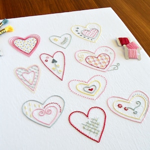 Sweet Hearts hand embroidery pattern for 10 easy-to-stitch heart designs