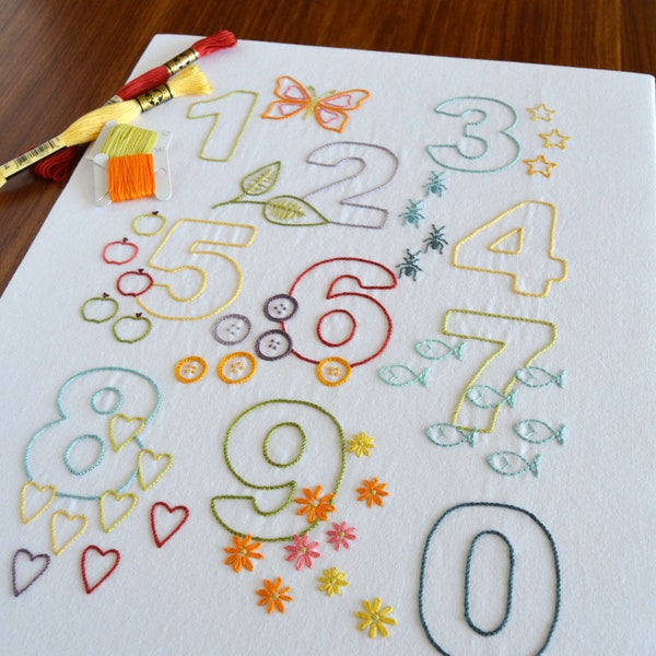 123, a modern hand embroidery pattern for a new baby nursery or child's bedroom