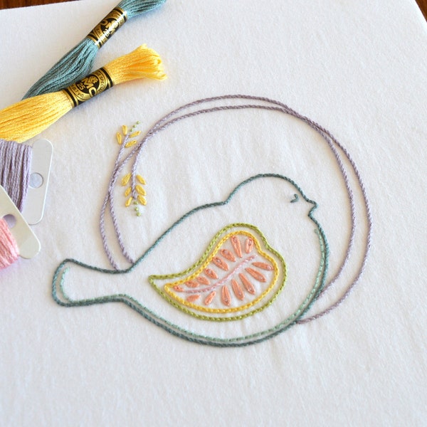 Puffer Bird embroidery pattern for a contented bird at rest