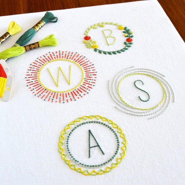 Circular Monograms, a modern hand embroidery pattern for four alphabets of decorative letters