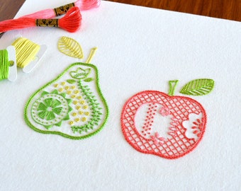 Scandi Fruit, a hand embroidery pattern for an apple and a pear in fresh Scandinavian style