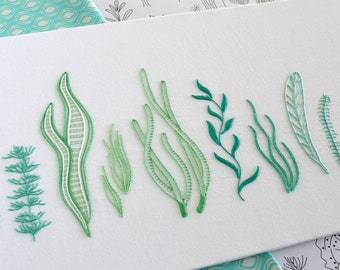 Wild Seagrass, a contemporary embroidery pattern of underwater plants from the ocean