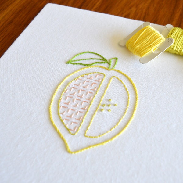 Lemon Split, a modern hand embroidery pattern of fruit